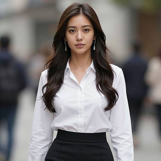 Photograph of a young Asian woman with long black hair, wearing a white button-up shirt and black high-waisted skirt, standing in an urban