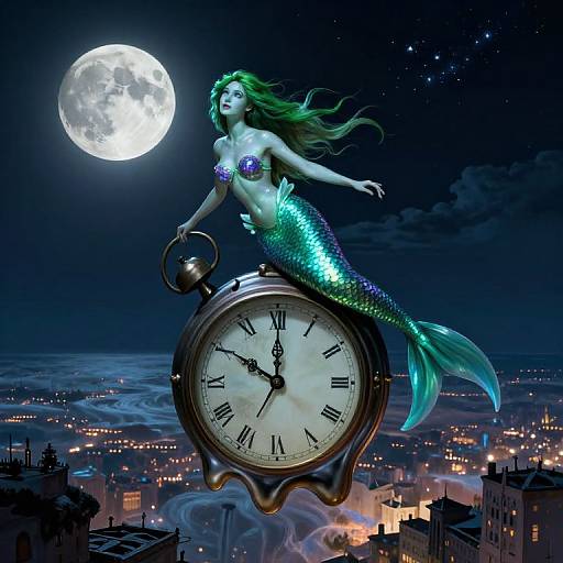 Digital art: Mermaid with green hair and shimmering green scales sits on a clock above a city at night, under a full moon.