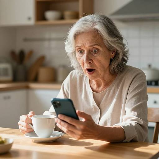 An elderly woman with gray hair, wearing a beige top, sits at a sunlit kitchen table, surprised while looking at her black smartphone, holding a