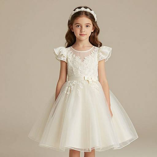 Photograph of a young girl with long brown hair, wearing a white lace and tulle dress, and a headband, standing against a plain gray