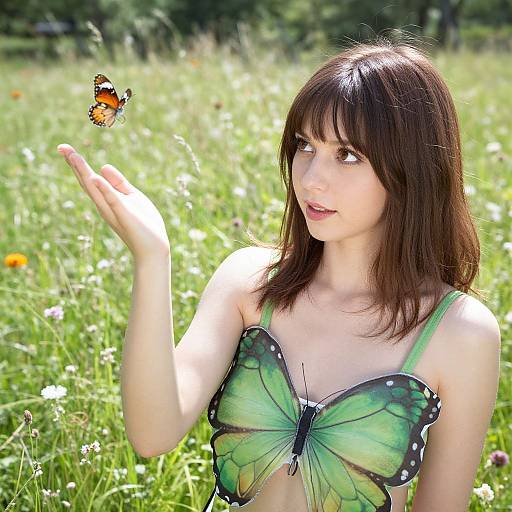 Young woman with brown hair in green butterfly-patterned top, gently touching an orange and black butterfly in a sunny meadow.