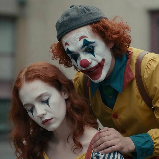 Clown and Woman in Dreamy Embrace