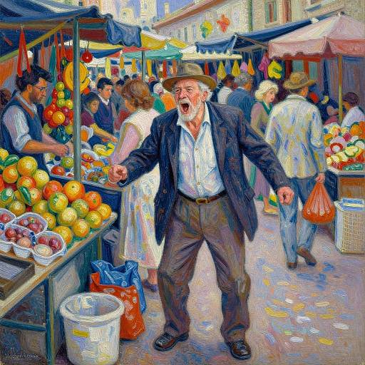 Vibrant market scene in impressionist style: elderly man with gray beard, hat, and black suit, shouting, surrounded by colorful fruit stalls and