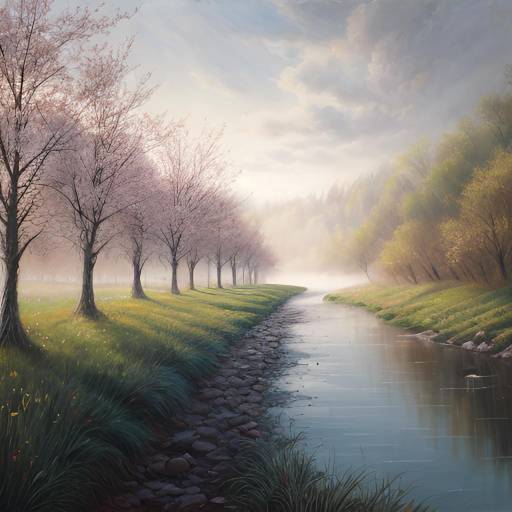 Peaceful Riverbank in Spring Morn