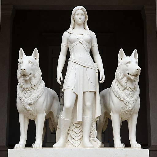 Photograph of a white marble statue of a woman in a draped dress flanked by two ornate, symmetrical lion sculptures.
