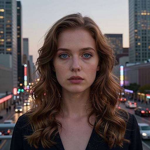 Photograph of a serious, fair-skinned woman with blue eyes and wavy brown hair, standing in a bustling city street at dusk, surrounded by