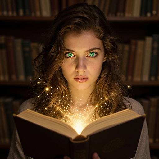 Photograph of a young woman with green eyes, brown wavy hair, and glowing book, surrounded by sparkling light, in a dimly-lit