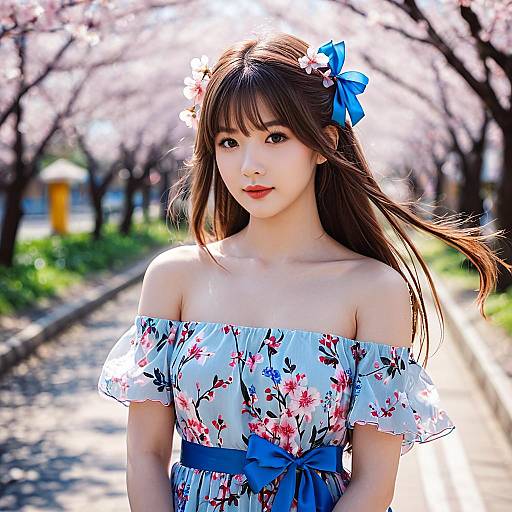 Young Woman in Floral Dress Among Cherry Blossoms
