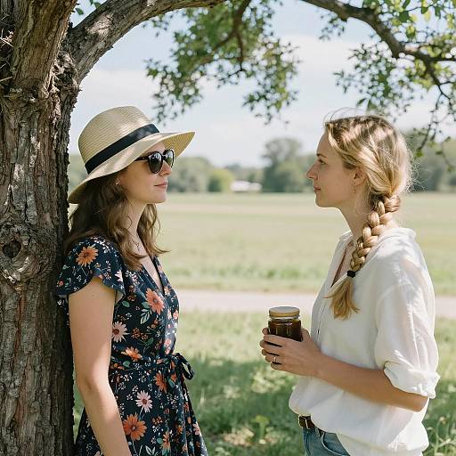 Women Conversing in Sunlit Field