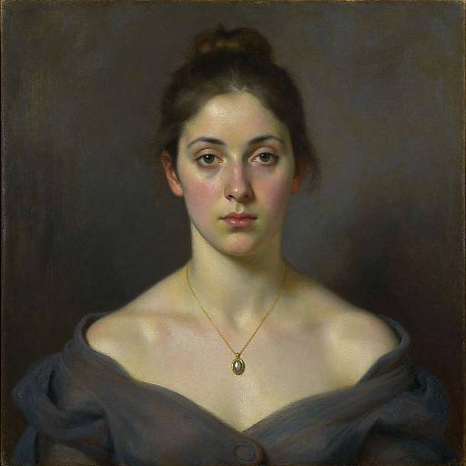 Classical portrait painting of a fair-skinned woman with dark hair in an updo, wearing an off-shoulder dark dress and gold necklace,
