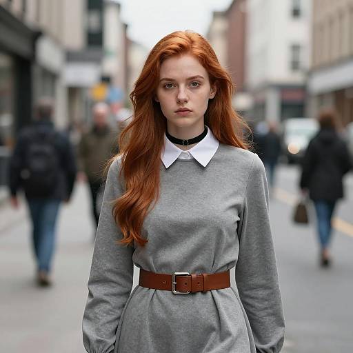 Young Woman in Grey Dress on City Street