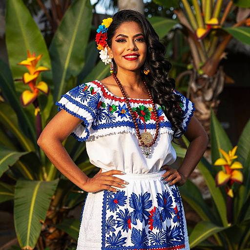Photograph of a smiling Latina woman with long black hair, wearing a colorful embroidered white dress, standing in a tropical garden with yellow bird of paradise flowers