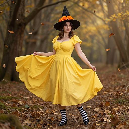 Photograph of a young woman in a yellow dress and black-striped stockings, wearing a witch hat with orange flowers, standing in an autumn forest, holding