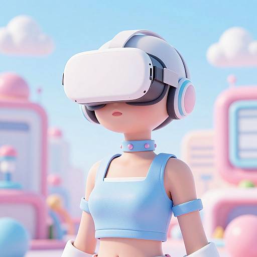 CGI digital art: anime-style girl with short black hair, wearing a white VR headset, blue crop top, blue choker, and headphones,