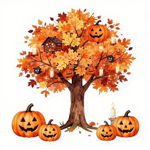 Digital illustration of a Halloween tree with orange and red autumn leaves, small house, carved pumpkins, and lit candles.