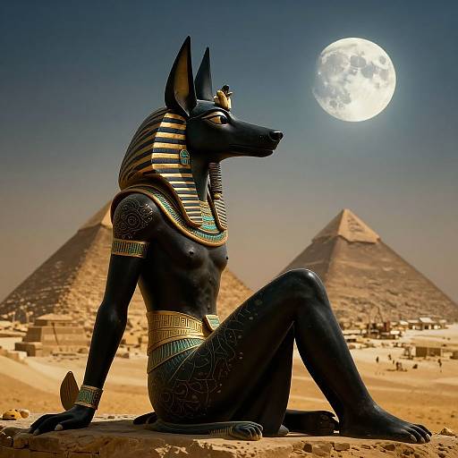 Photograph-like CGI of an anthropomorphic black Anubis with gold jewelry, sitting in Egyptian desert under full moon, pyramids in background.