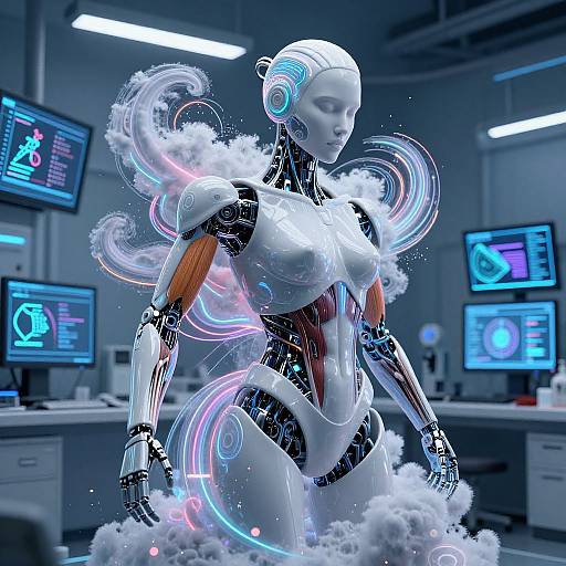 Digital art of a futuristic, white, humanoid robot with glowing blue and pink neon swirls, standing in a high-tech lab with multiple computer screens.