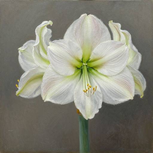 Photorealistic painting of a single white lily with subtle green and pink highlights, yellow stamens, against a dark gray background.