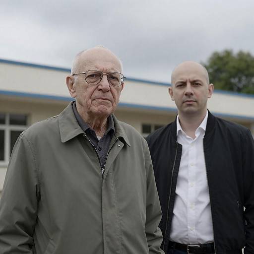 Two Men Standing Outside Building