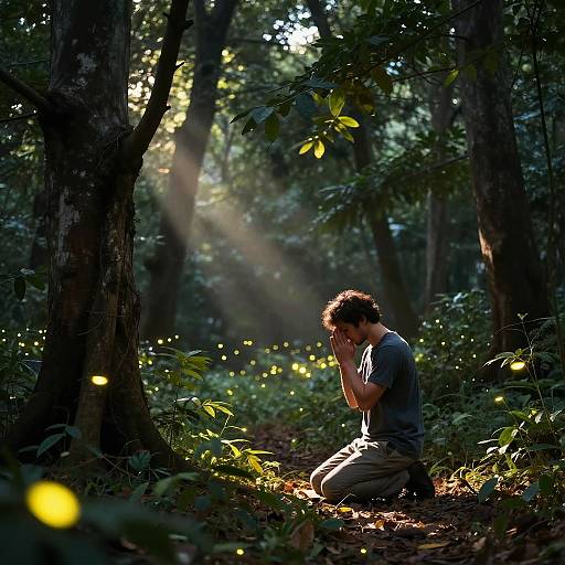 Man Praying in Enchanted Forest