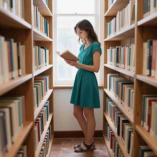 Photograph of a young woman in a teal dress and sandals, standing in a narrow library aisle, reading a book.