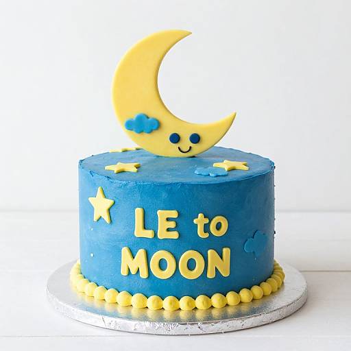 Photograph of a blue-frosted cake with yellow accents, 