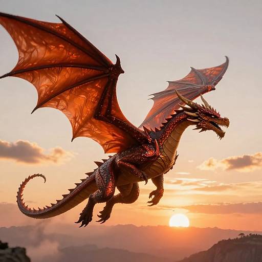 Photorealistic digital art of a red dragon with glowing wings soaring against a vibrant orange sunset sky with scattered clouds.