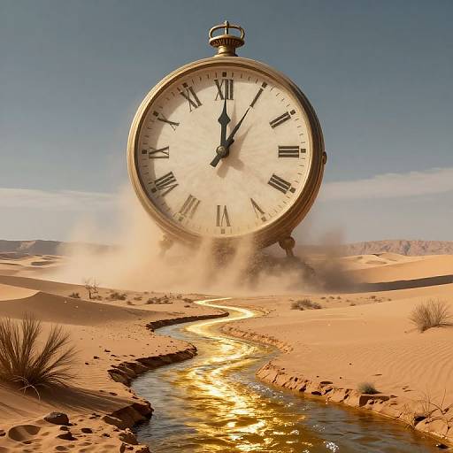 Photograph of a massive clock face emerging from sandy desert, creating a dust cloud, with a sunlit, winding stream in foreground.