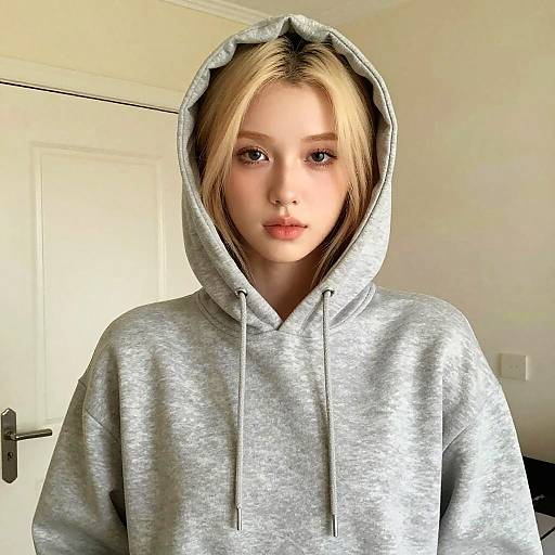 Photograph of a young blonde woman with fair skin, wearing a gray hooded sweatshirt, standing indoors against a white door.