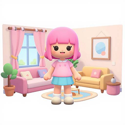 Cute, chibi-style digital drawing of a pink-haired girl in a pink shirt and blue skirt standing in a pastel-colored living room with a