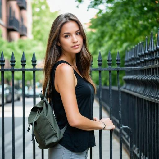Young Woman with Backpack by Iron Fence