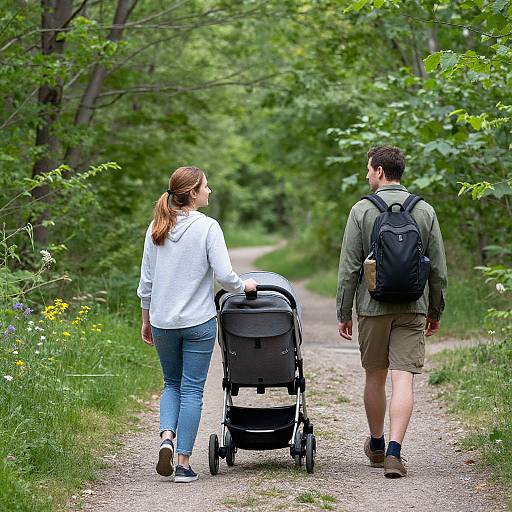 Photograph of a couple walking on a forest path, with the woman pushing a black stroller, wearing white hoodie and blue jeans.