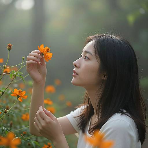 Young Woman in Sunlit Forest