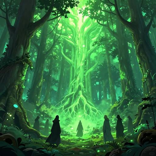 Ethereal Cloaked Figures in Mystic Forest