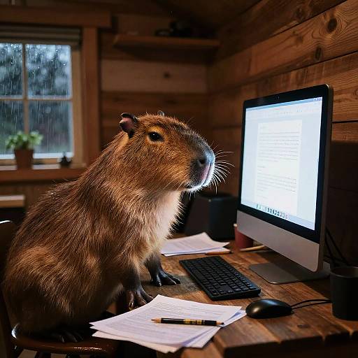 Photograph of a brown beaver sitting on a wooden desk with a lit computer, papers, and a pen, in a cozy wooden cabin with a