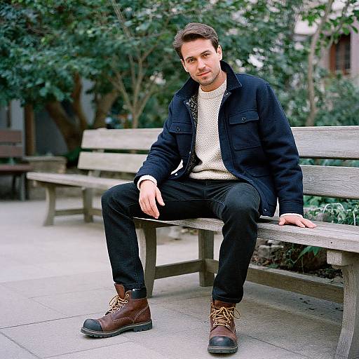 Photograph of a casually dressed man with short brown hair, light beard, wearing a navy jacket, white sweater, black jeans, and brown boots,
