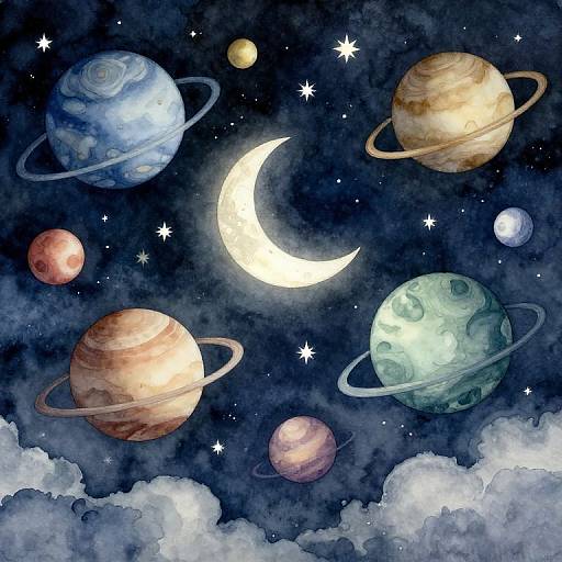 Watercolor-style digital illustration of a night sky with a crescent moon, six colorful planets with rings, and stars, set against a dark blue,