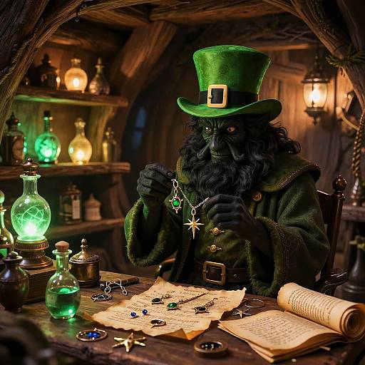 Photograph of a dark, furry leprechaun with a green top hat, examining glowing star-shaped jewels on a wooden table, in a dim
