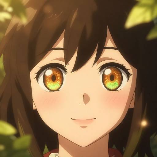 Anime-style digital artwork of a young girl with large, shimmering orange-yellow eyes, short brown hair, and a subtle smile, surrounded by sunlight filtering