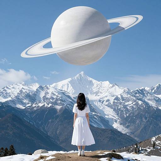 Photograph of a woman in a white dress, facing a surreal, white-ringed planet above snow-capped mountains under a clear blue sky.