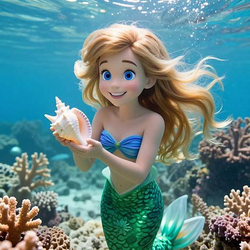 CGI image of a smiling, blue-eyed, blonde mermaid with a green tail, holding a seashell underwater, surrounded by colorful coral reefs