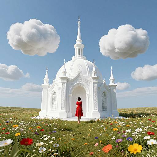 Photograph of a white, domed chapel with spires, surrounded by colorful wildflowers, a person in a red dress facing the building, under