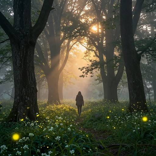 Misty Forest Dawn with Fireflies