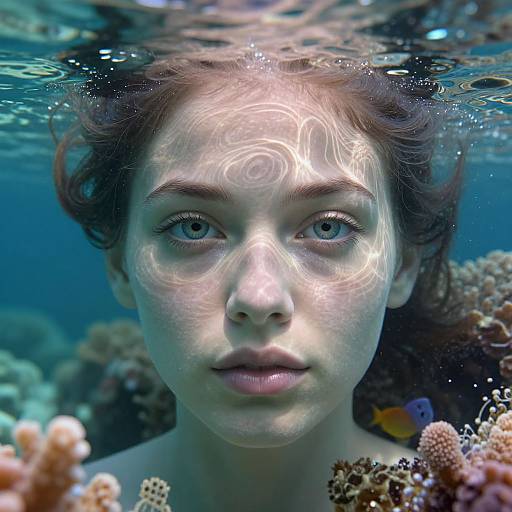 Photograph of a young woman with fair skin and brown hair, underwater, surrounded by coral reefs, light ripples on her face.
