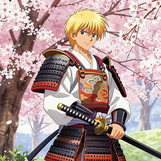 Anime-style drawing of a blonde samurai with blue eyes, wearing traditional armor and holding a katana, standing under cherry blossom trees.