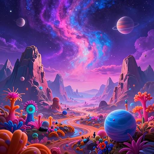 Vibrant, surreal digital artwork of a colorful alien landscape with glowing plants, neon skies, towering mountains, and floating planets under a starry,