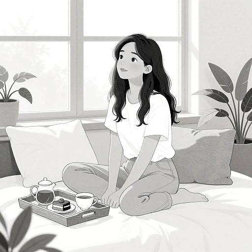 Digital drawing of a young woman with long black hair, wearing a white t-shirt and pants, sitting cross-legged on a bed, working on a laptop