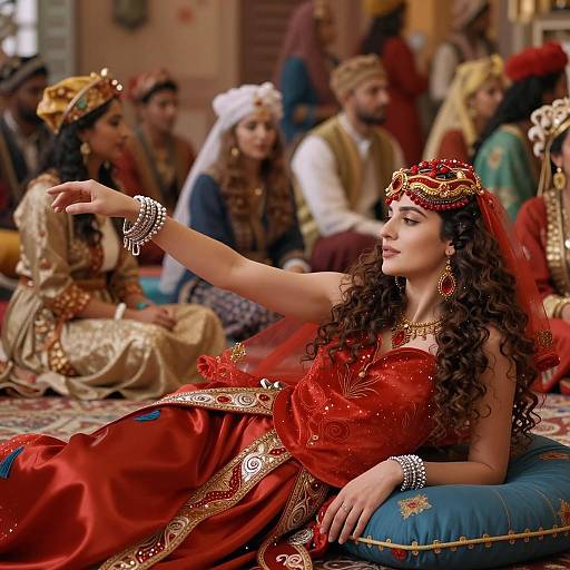 Woman in Red Traditional Attire Reclining Indoors