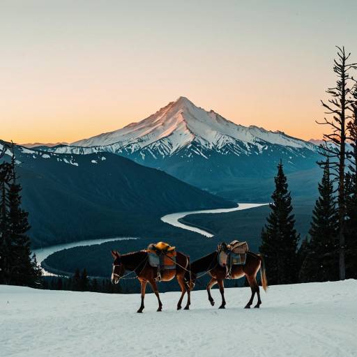 Pack Mules in Snowy Cascade Mountains at Sunset