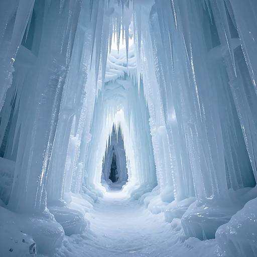 Photograph of a mesmerizing icy cave with glowing blue light filtering through long, translucent icicles, creating a radiant, ethereal atmosphere.